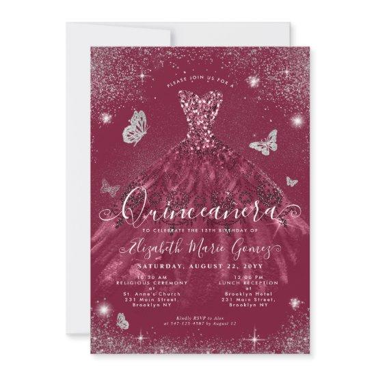 Glam Burgundy Red Silver Glitter Gown Quinceanera