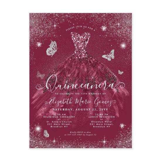 Glam Burgundy Red Silver Glitter Gown Quinceanera Postcard