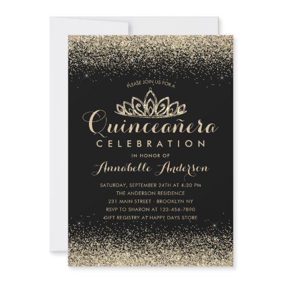 Glam Classic Black Quinceañera Gold Tiara Glitter