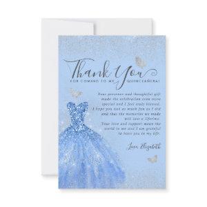 Glam Dusty Blue Silver Glitter Dress Quinceanera Thank You Card