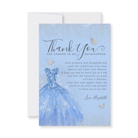 Glam Dusty Blue Silver Glitter Dress Quinceanera Thank You Card