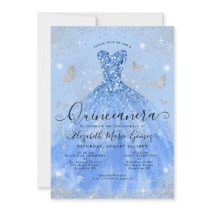 Glam Dusty Blue Silver Glitter Gown Quinceanera