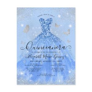 Glam Dusty Blue Silver Glitter Gown Quinceanera Postcard