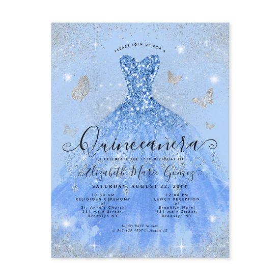 Glam Dusty Blue Silver Glitter Gown Quinceanera Postcard