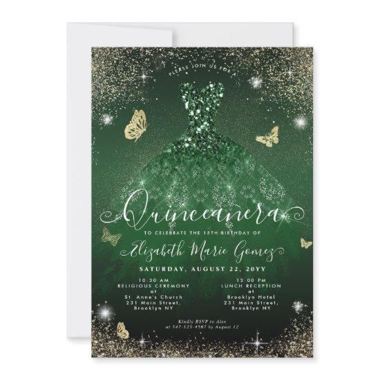 Glam Emerald Green Gold Glitter Gown Quinceanera