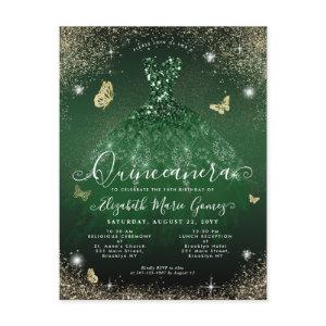 Glam Emerald Green Gold Glitter Gown Quinceanera Postcard