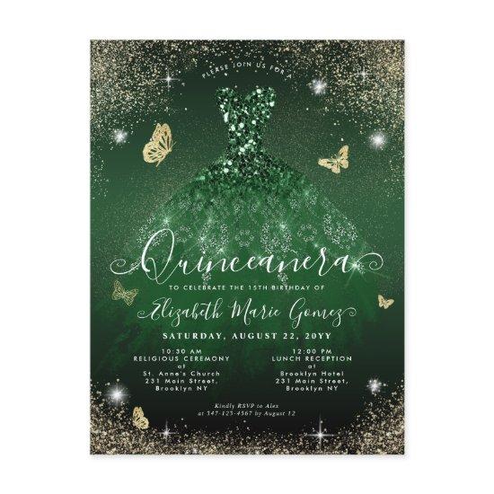 Glam Emerald Green Gold Glitter Gown Quinceanera Postcard