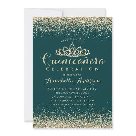Glam Emerald Green Quinceañera Gold Tiara Glitter
