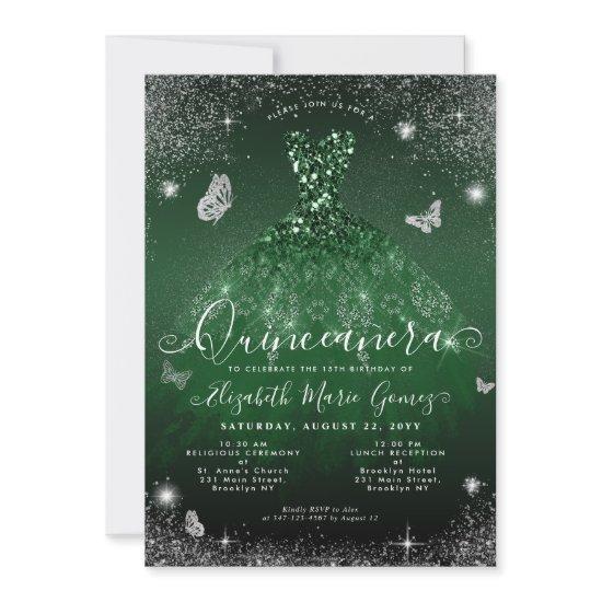 Glam Emerald Green Silver Glitter Gown Quinceanera