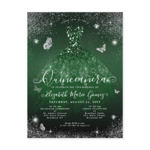 Glam Emerald Green Silver Glitter Gown Quinceanera Postcard
