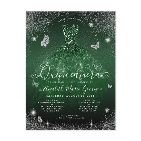 Glam Emerald Green Silver Glitter Gown Quinceanera Postcard
