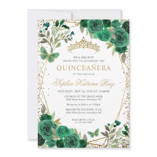 Glam Floral Emerald Green Gold QR Code Quinceañera