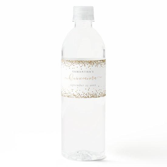 Glam Gold Glitter Name Date Quinceañera Party Water Bottle Label