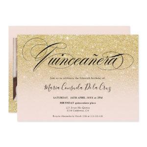 Glam gold glitter ombre script pink quinceañera