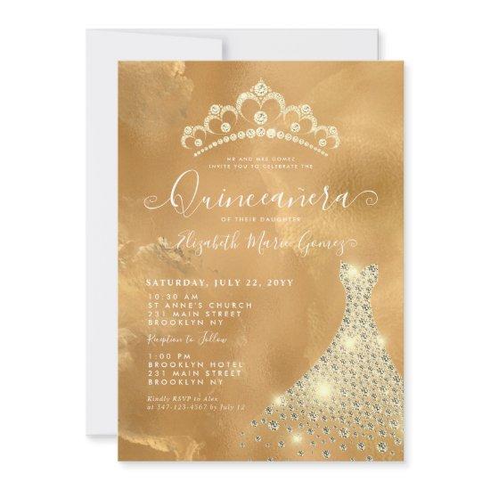 Glam Gold Sparkle Diamond Tiara Dress Quinceanera