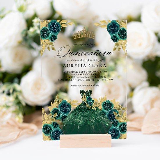 Glam Green Dress Floral 15th Quinceañera Acrylic