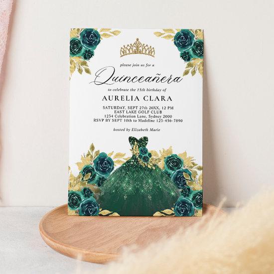 Glam Green Dress Floral 15th Quinceañera