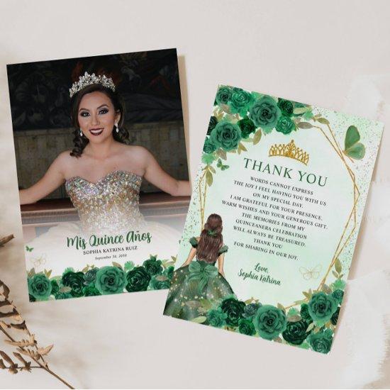 Glam Green Gold Floral Princess Quinceañera Photo Thank You Card