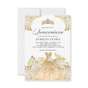 Glam Ivory Gold Dress Floral 15th Quinceañera Note Card