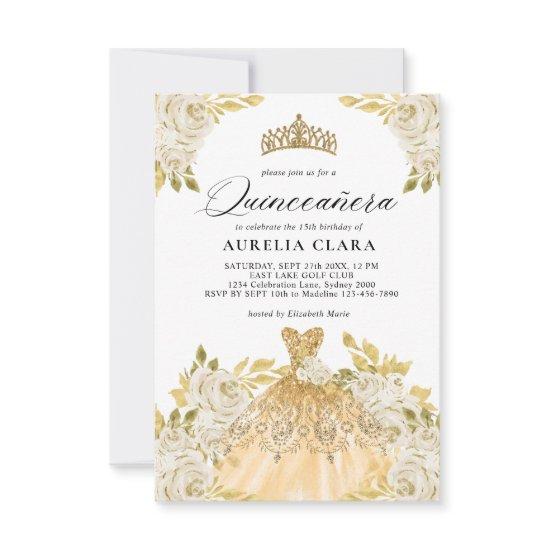 Glam Ivory Gold Dress Floral 15th Quinceañera Note Card