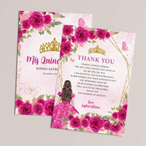 Glam Magenta Pink Gold Floral Princess Quinceañera Thank You Card