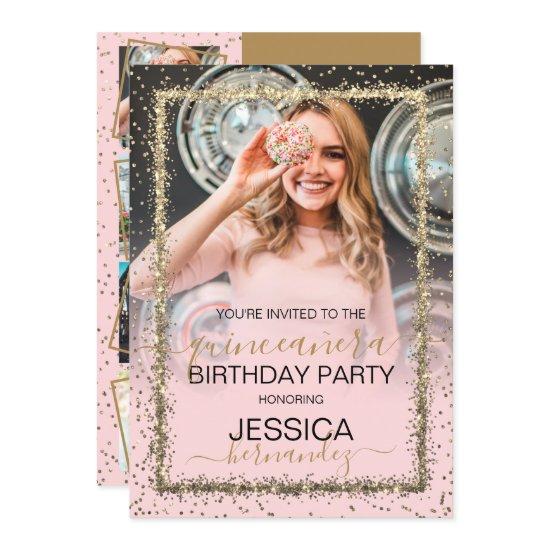 Glam Pink Gold Confetti Border Photo Quinceañera