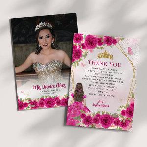 Glam Pink Gold Floral Princess Quinceañera Photo Thank You Card