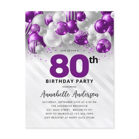 Glam Purple Silver Balloon Glitter 80th Birthday  Postcard