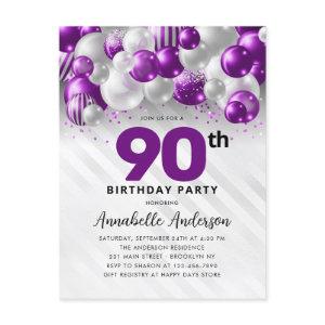 Glam Purple Silver Balloon Glitter 90th Birthday  Postcard