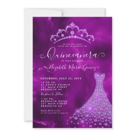 Glam Purple Violet Diamond Tiara Dress Quinceanera
