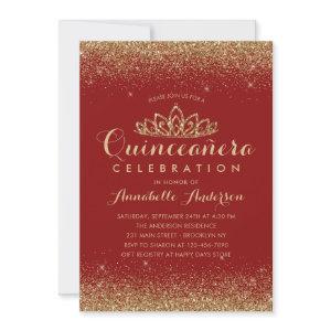 Glam Red Burgundy Quinceañera Gold Tiara Glitter