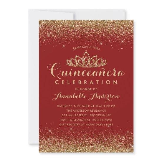 Glam Red Burgundy Quinceañera Gold Tiara Glitter