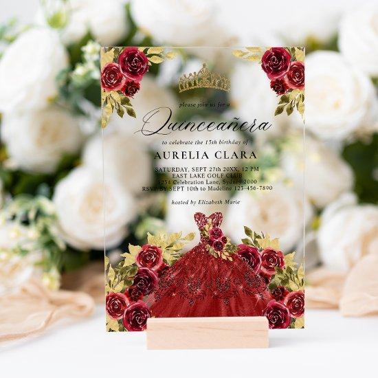 Glam Red Dress Floral Watercolor 15th Quinceañera Acrylic