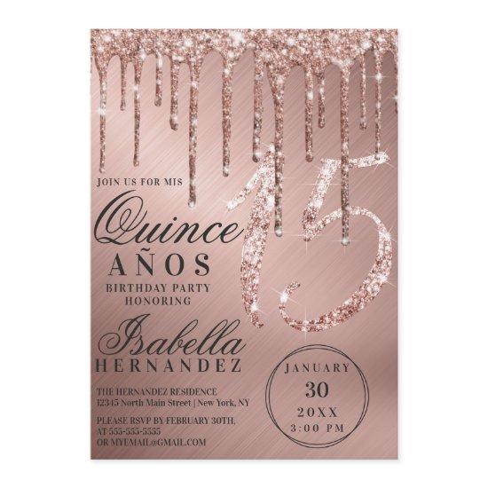 Glam Rose Gold Metallic Glitter Drips Quinceañera