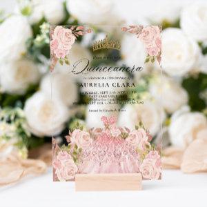 Glam Rose Gold Pink Dress Floral 15th Quinceañera Acrylic