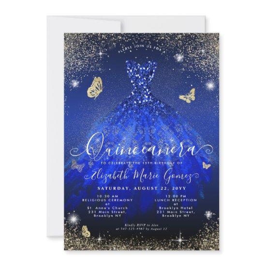 Glam Royal Blue Gold Glitter Gown Quinceanera