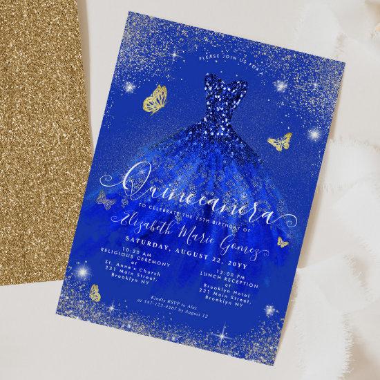 Glam Royal Blue Gold Glitter Gown Quinceanera