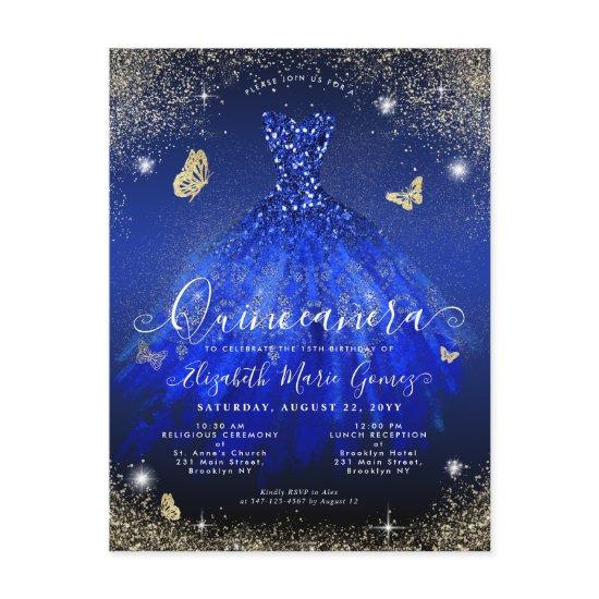Glam Royal Blue Gold Glitter Gown Quinceanera Postcard
