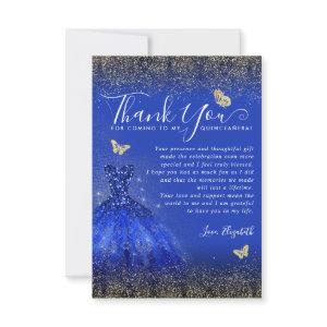 Glam Royal Blue Gold Glitter Quinceanera Photo Thank You Card