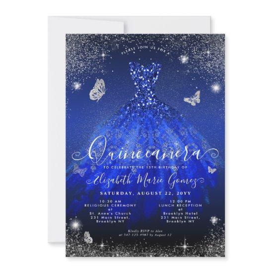 Glam Royal Blue Silver Glitter Gown Quinceanera