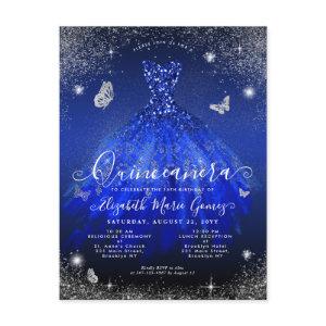 Glam Royal Blue Silver Glitter Gown Quinceanera Postcard