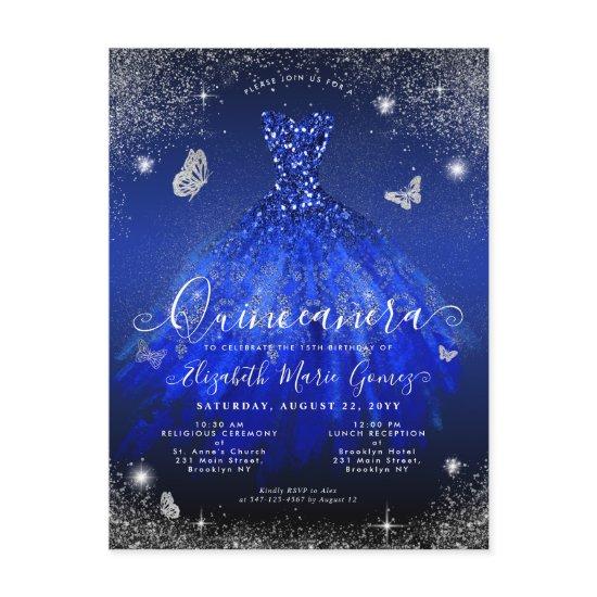 Glam Royal Blue Silver Glitter Gown Quinceanera Postcard