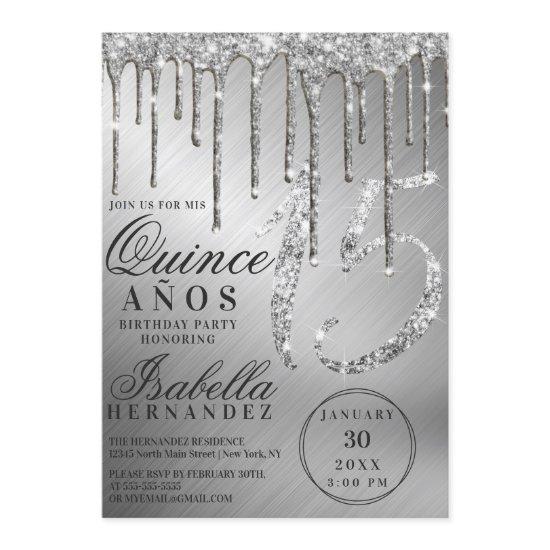 Glam Silver Metallic Glitter Drips Quinceañera