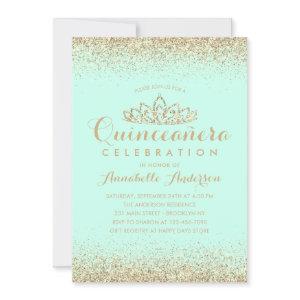 Glam Teal Aqua Quinceañera Gold Tiara Glitter