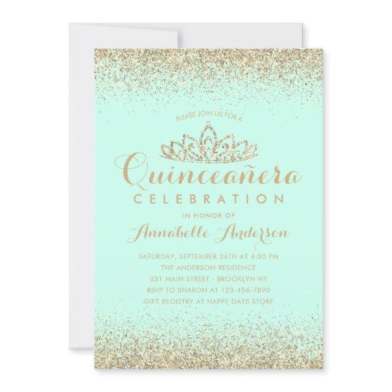 Glam Teal Aqua Quinceañera Gold Tiara Glitter