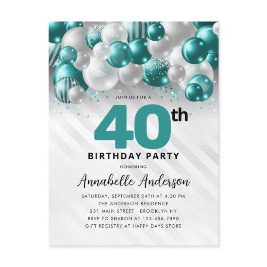 Glam Teal Silver Balloon Glitter 40th Birthday  Postcard
