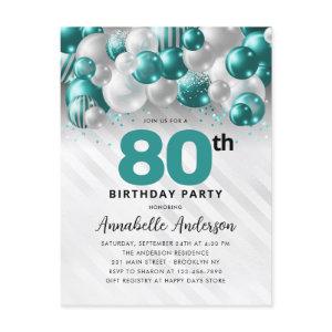 Glam Teal Silver Balloon Glitter 80th Birthday  Postcard
