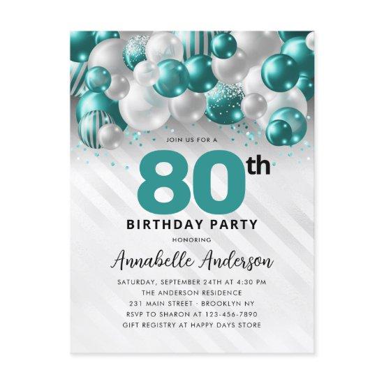 Glam Teal Silver Balloon Glitter 80th Birthday  Postcard
