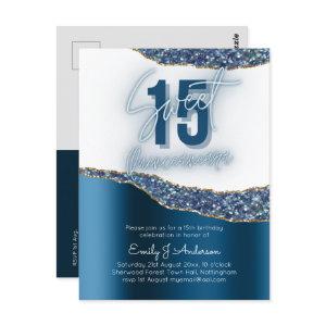 Glamor Blue Silver Foil Glitter Quinceanera 15th Postcard