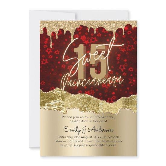 Glamor Red Gold Foil Glitter Quinceanera 15th